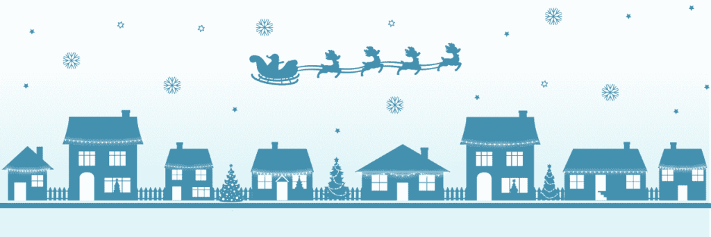 Decorative graphic of Santa's sleigh over houses.